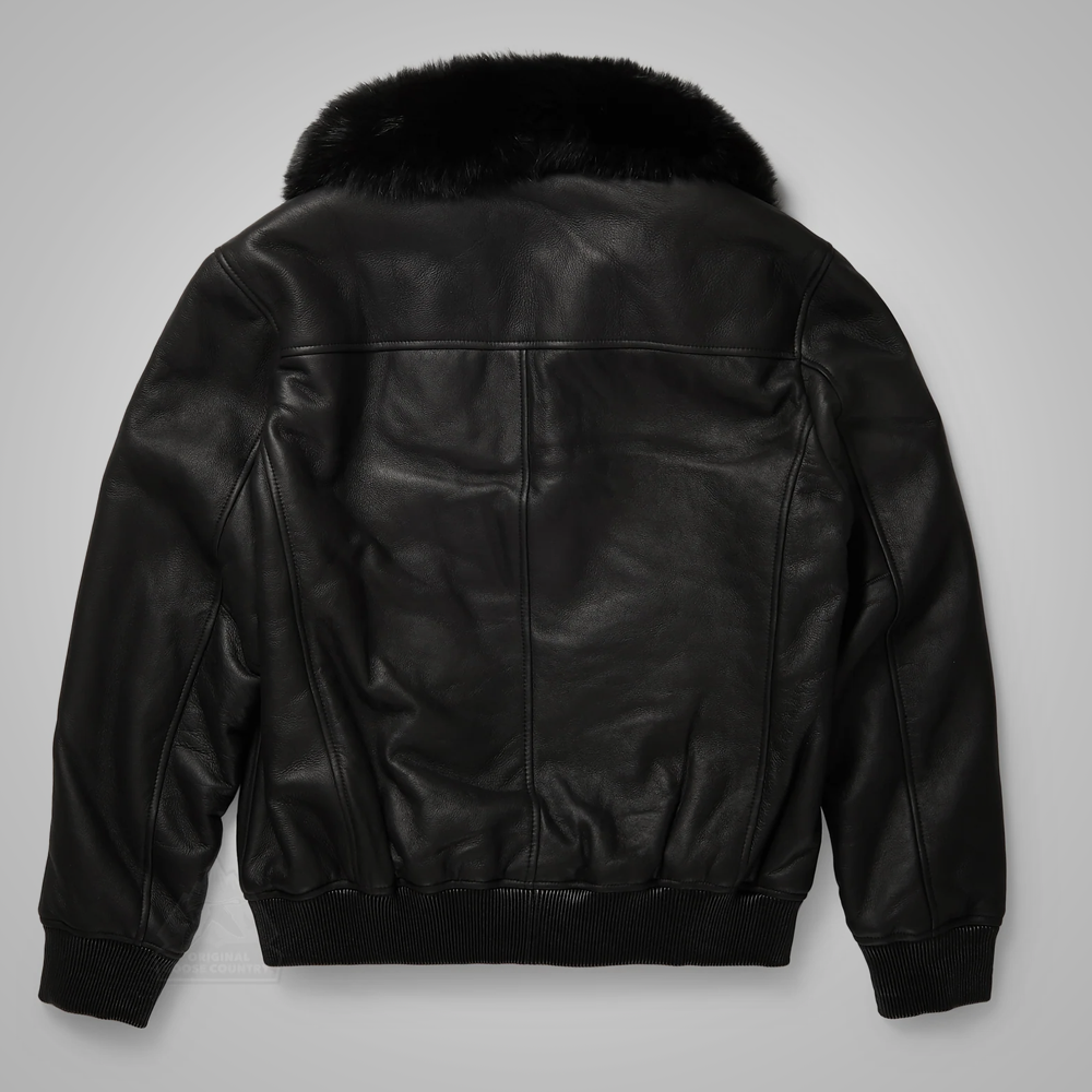 Mens Black B3 Lambskin Genuine Leather Bomber Jacket With Black Fur