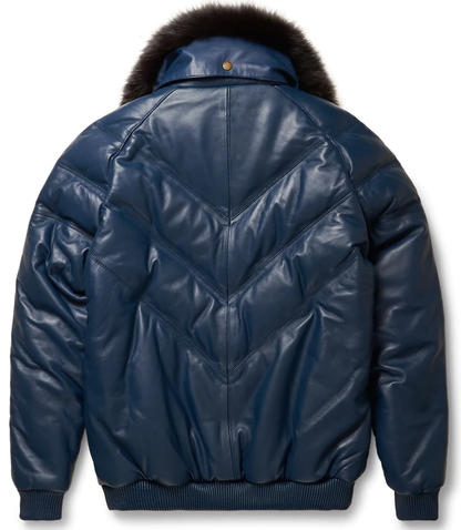 Men Navy Leather V Bomber Premium Lambskin Leather Jacket With Black Fur