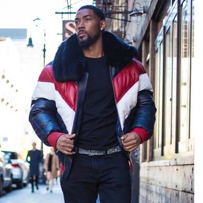 New Men Multi Color Red/White/Blue  V Bomber Jacket With Black fur Collar