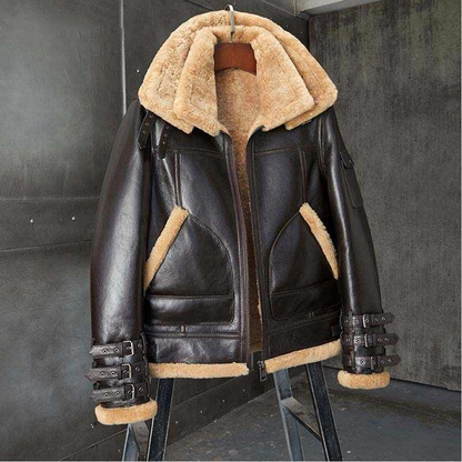 New Men B3 Bomber Wool Collar Coat Vintage Shearling Leather jacket