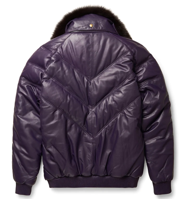 New Men Purple Leather V-Bomber Jacket With Black Fur Collar