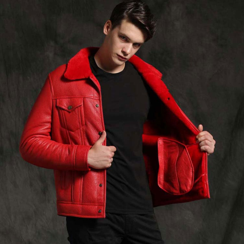 New Red RAF Aviator Sheepskin Fashion B3 Bomber Genuine Leather Jacket For Men's