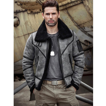 Gray RAF Aviator Sheepskin fashionB3 Bomber Genuine Leather Jacket For Men's