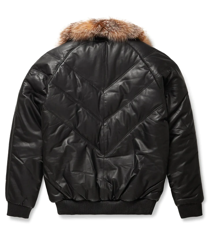 New Black Premium LambSkin Leather V Bomber Jacket For Men With Fur Collar