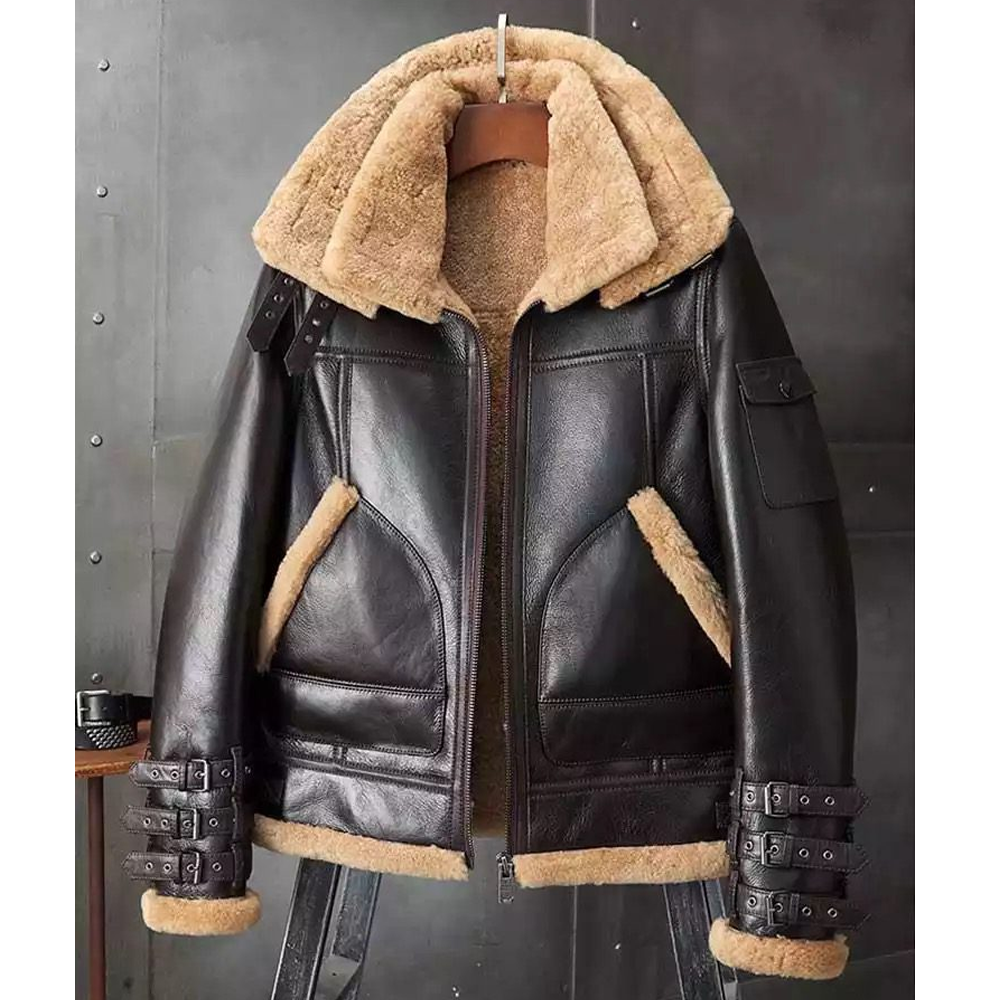New Men B3 Bomber Wool Collar Coat Vintage Shearling Leather jacket