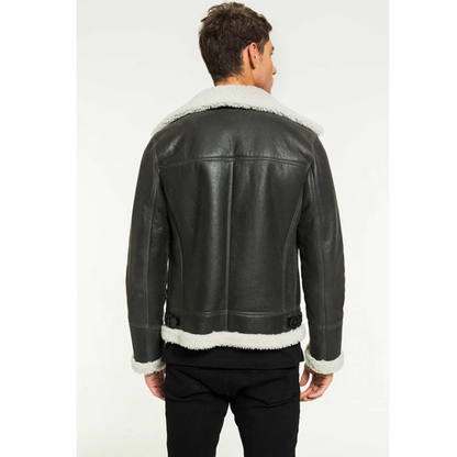 New Black Original Sheepskin B3 Bomber Leather Jacket With White Fur