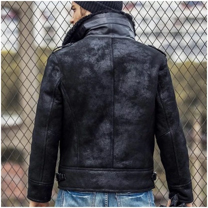 New Black Sheepskin Shearling Genuine Colowid Distressed Leather Jacket For Men