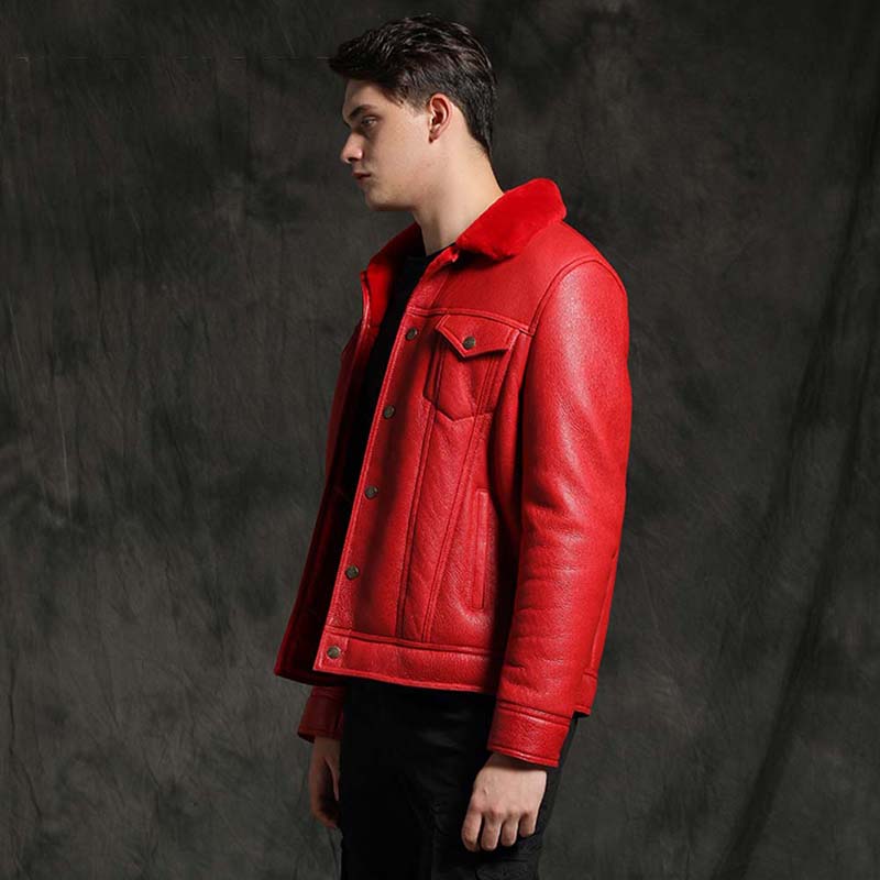 New Red RAF Aviator Sheepskin Fashion B3 Bomber Genuine Leather Jacket For Men's