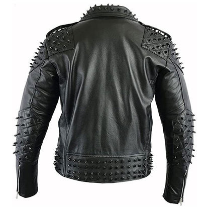 Black Metal Studded Full Sleeve Multipocketed Original Leather Jacket